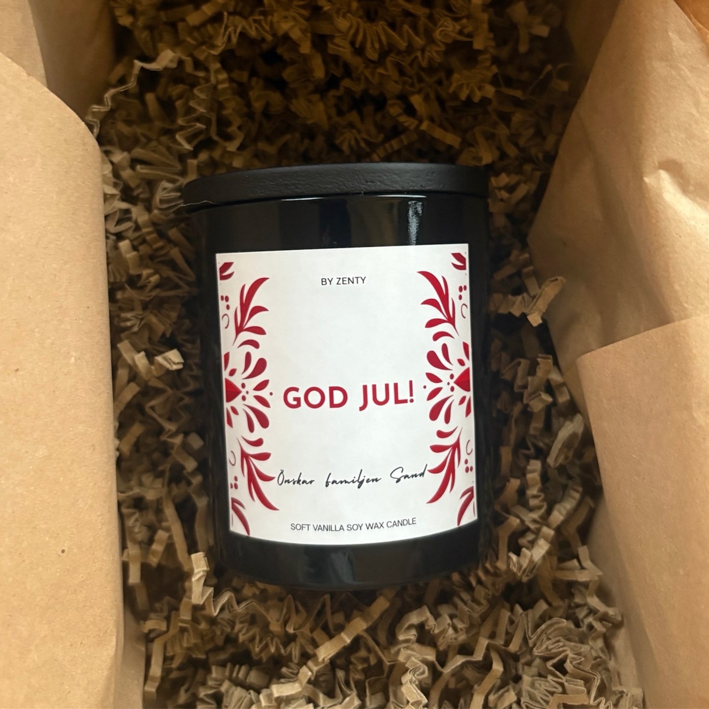 Personalised God Jul Christmas Pattern Scented Candle