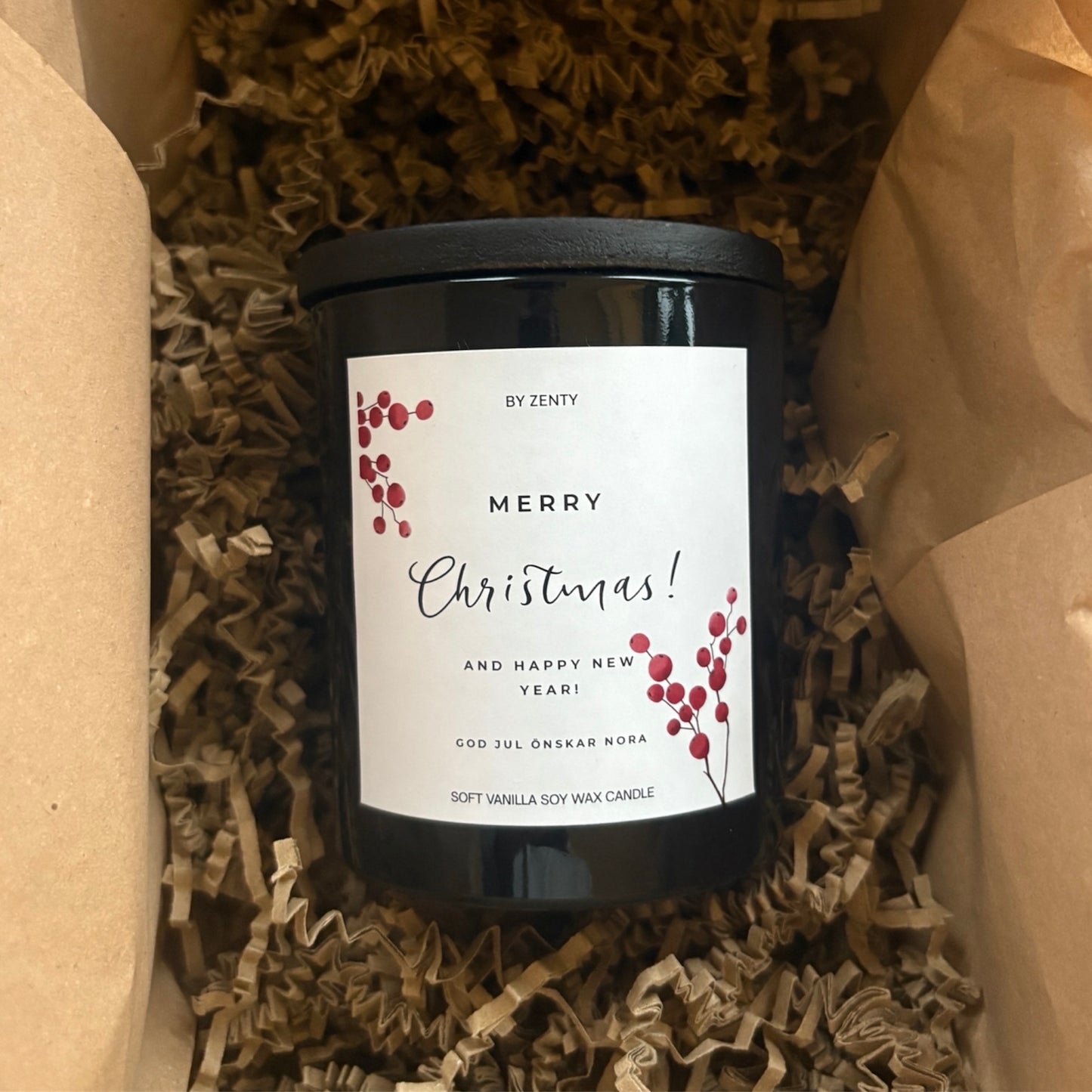 Personalised Merry Christmas Red Berries Candle